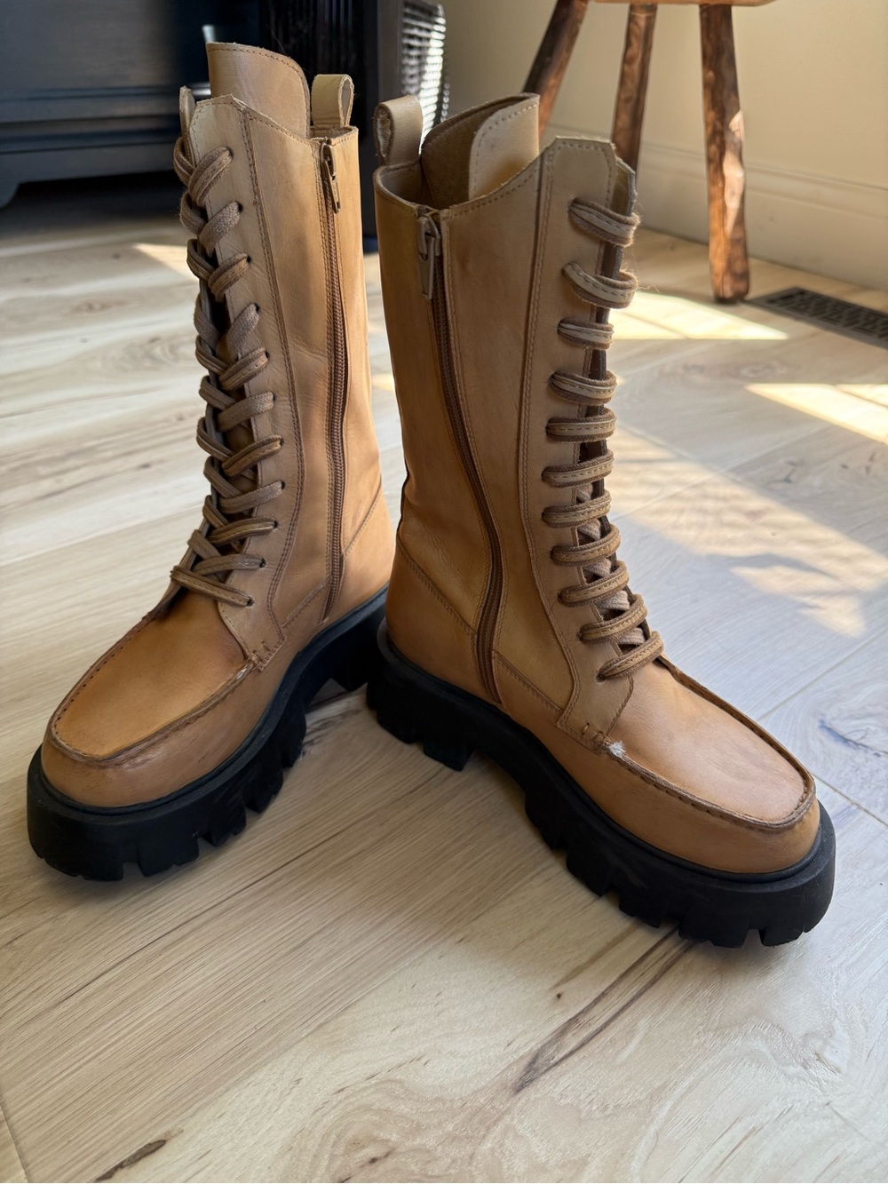 Free People Women’s Tan Leather Lug-Sole Lace-Up Boots